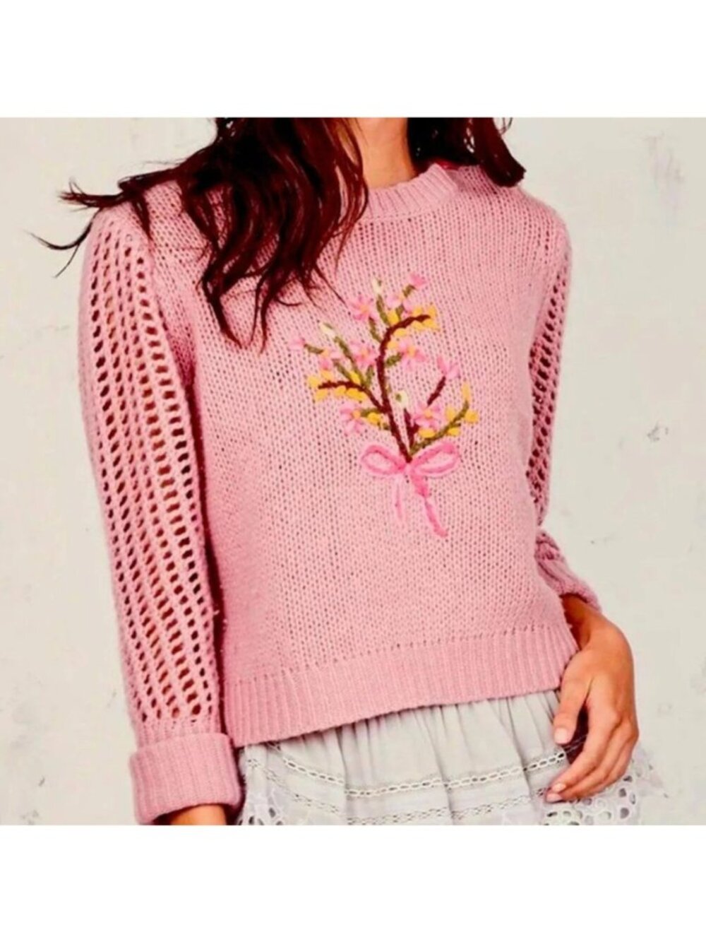 Love Shack Fancy Pink Wool Floral Embroidered Rosie Sweater, Size S